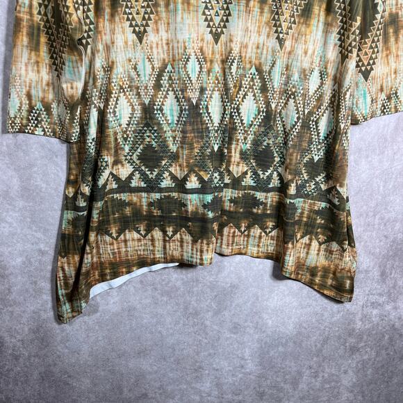 Indigo Soul Tunic Top Womens Large Brown Geometric Print Sharkbite Hem V-Neck - Picture 3 of 8